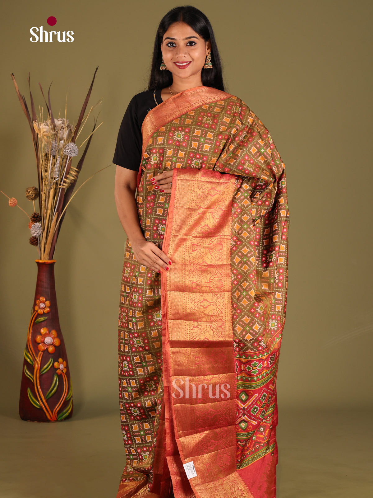 Army Green & Brick- Semi Patola Saree