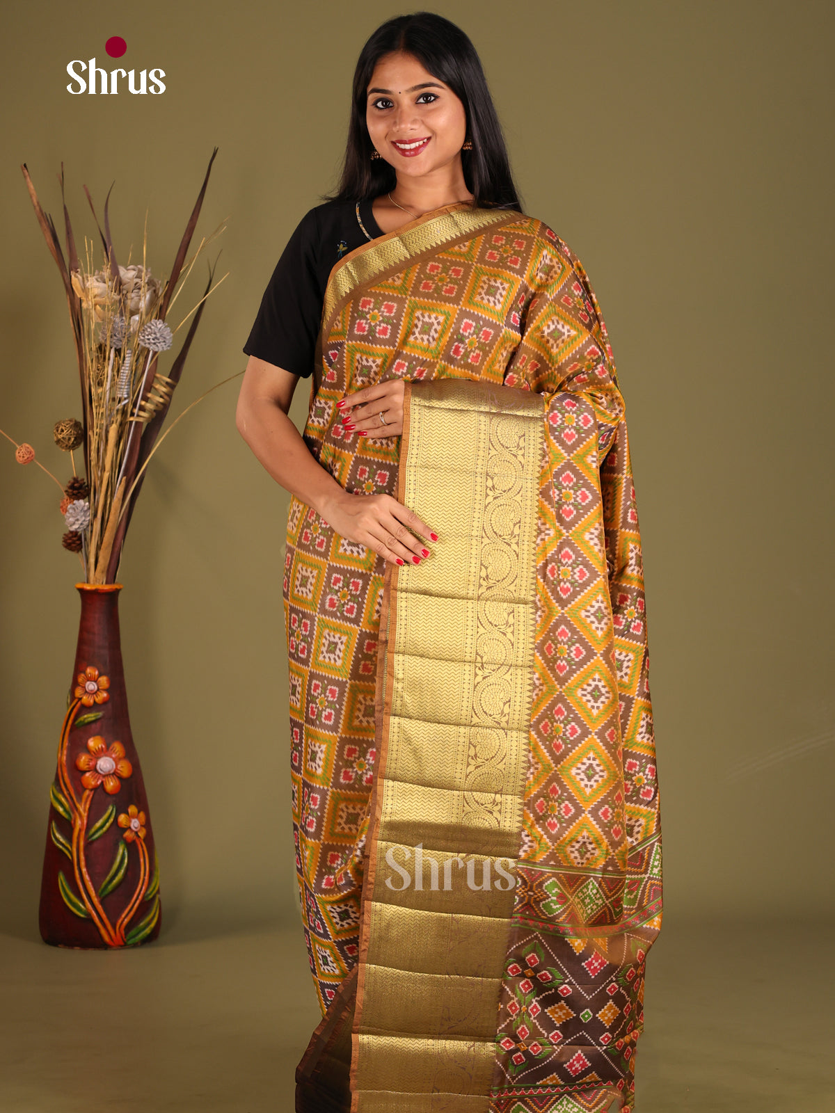 Mustard & Brown - Semi Patola Saree - Shop on Shrus.com