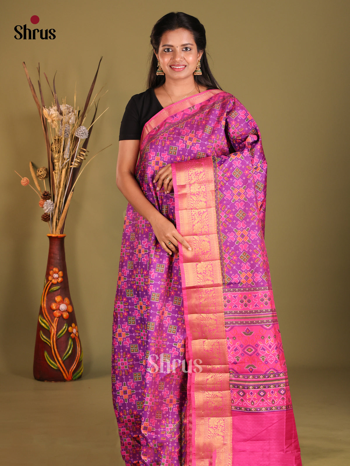 Purple & Pink - Semi Patola Saree - Shop on Shrus.com