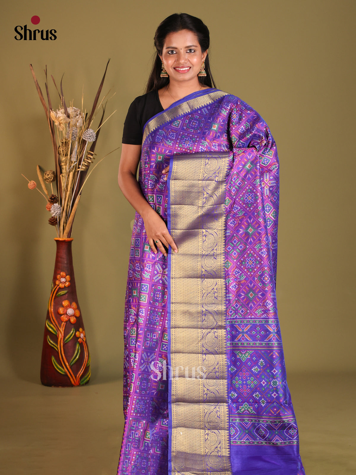 Purple & Blue - Semi Patola Saree - Shop on Shrus.com