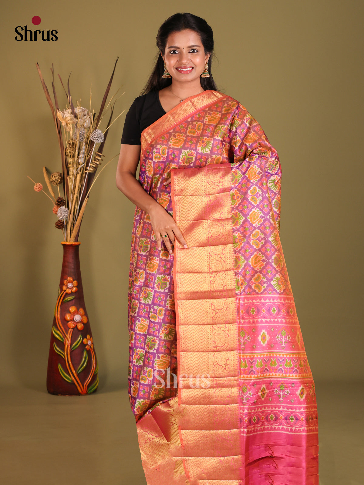 Purple & Orangish Pink - Semi Patola Saree
