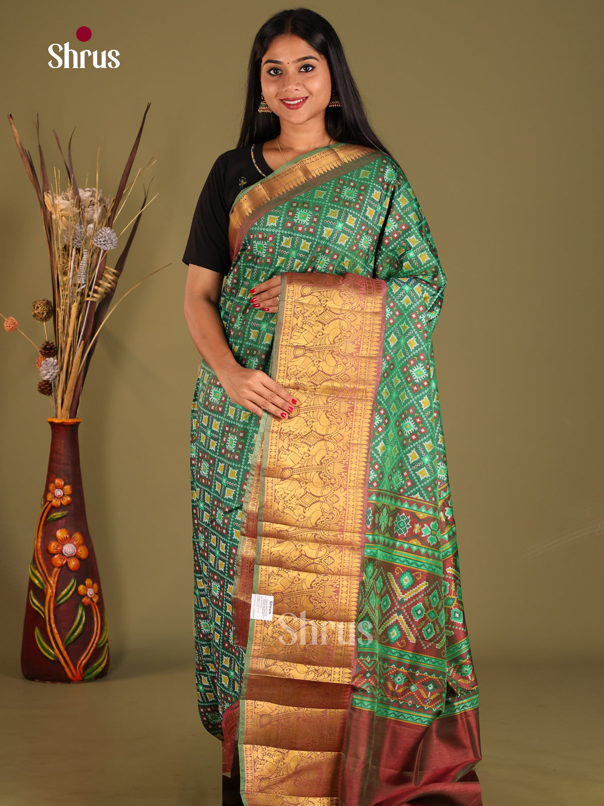 Green & Brown - Semi Patola Saree - Shop on Shrus.com