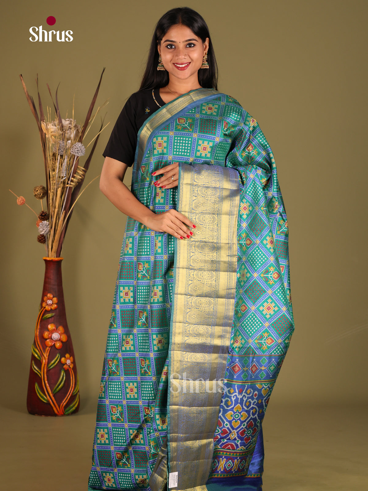 Green & Blue - Semi Patola Saree
