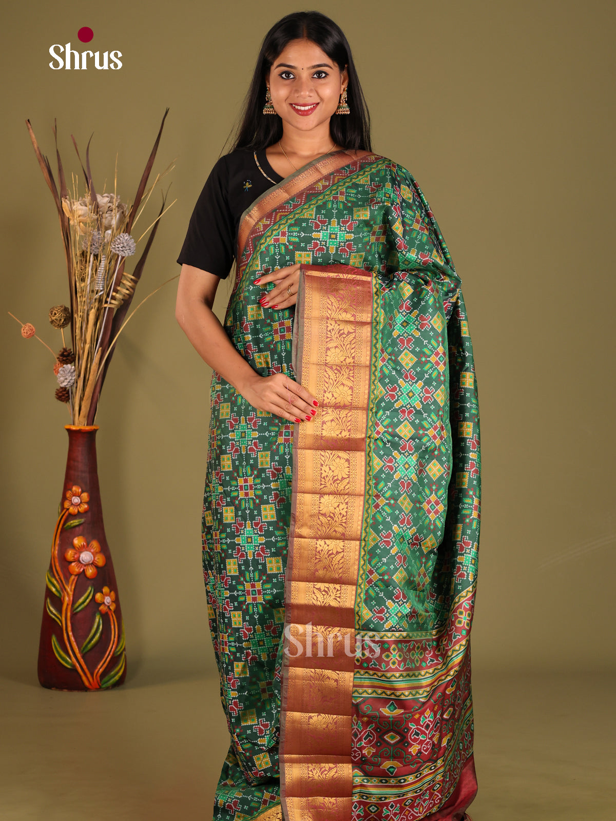 Green & Maroon - Semi Patola Saree - Shop on Shrus.com
