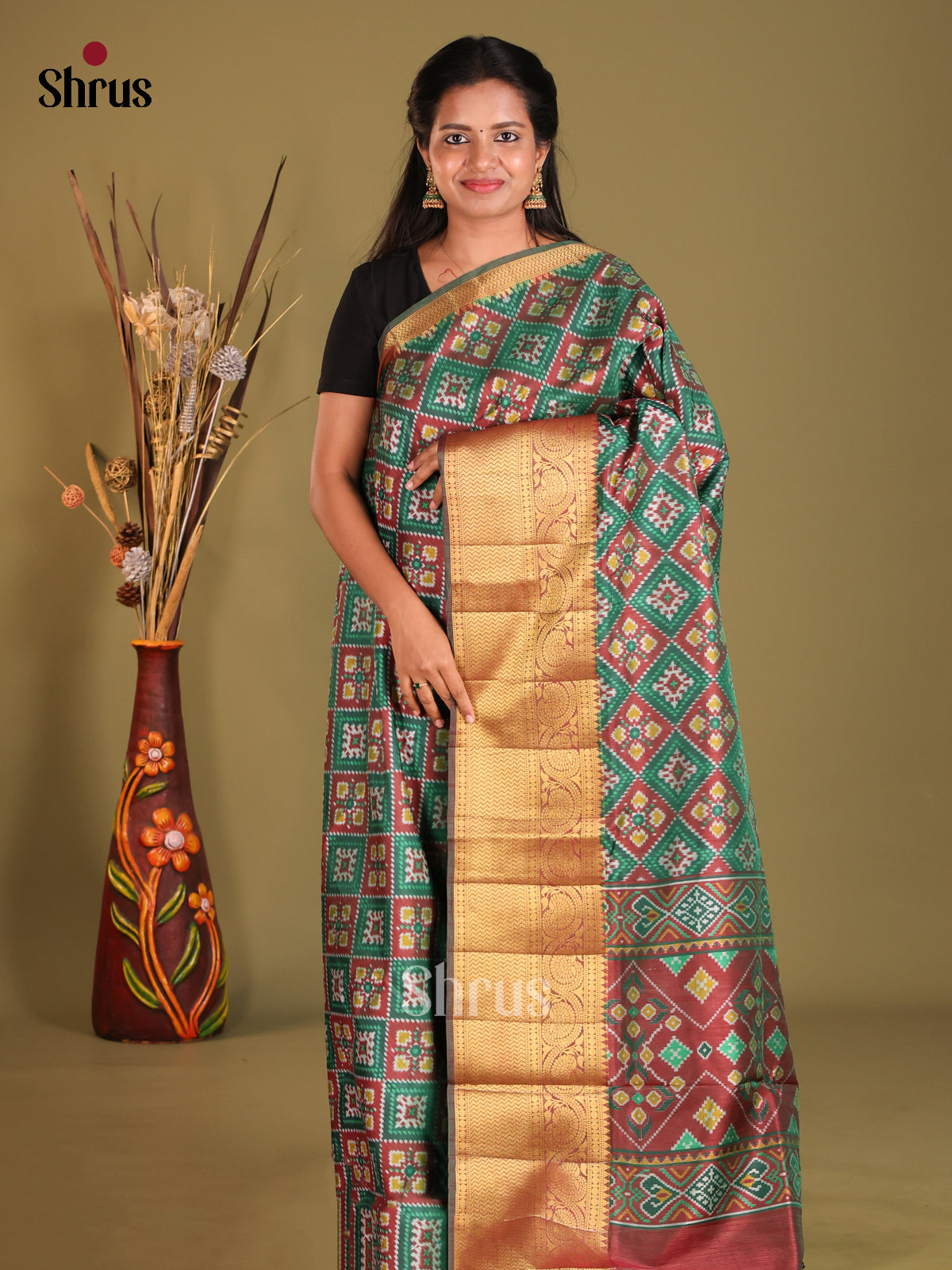 Green & maroon - Semi Patola Saree - Shop on Shrus.com