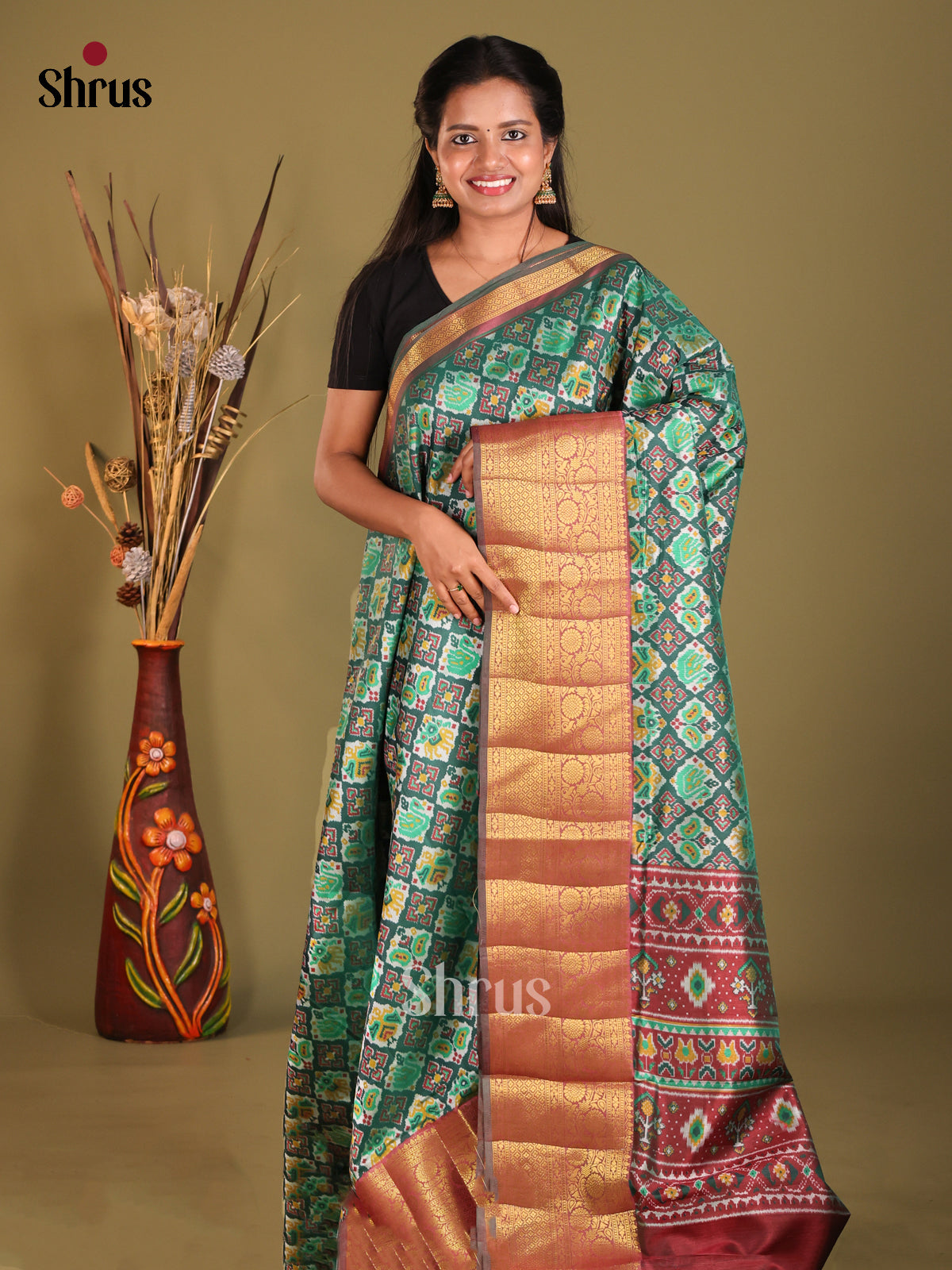 Green & Maroon - Semi Patola Saree