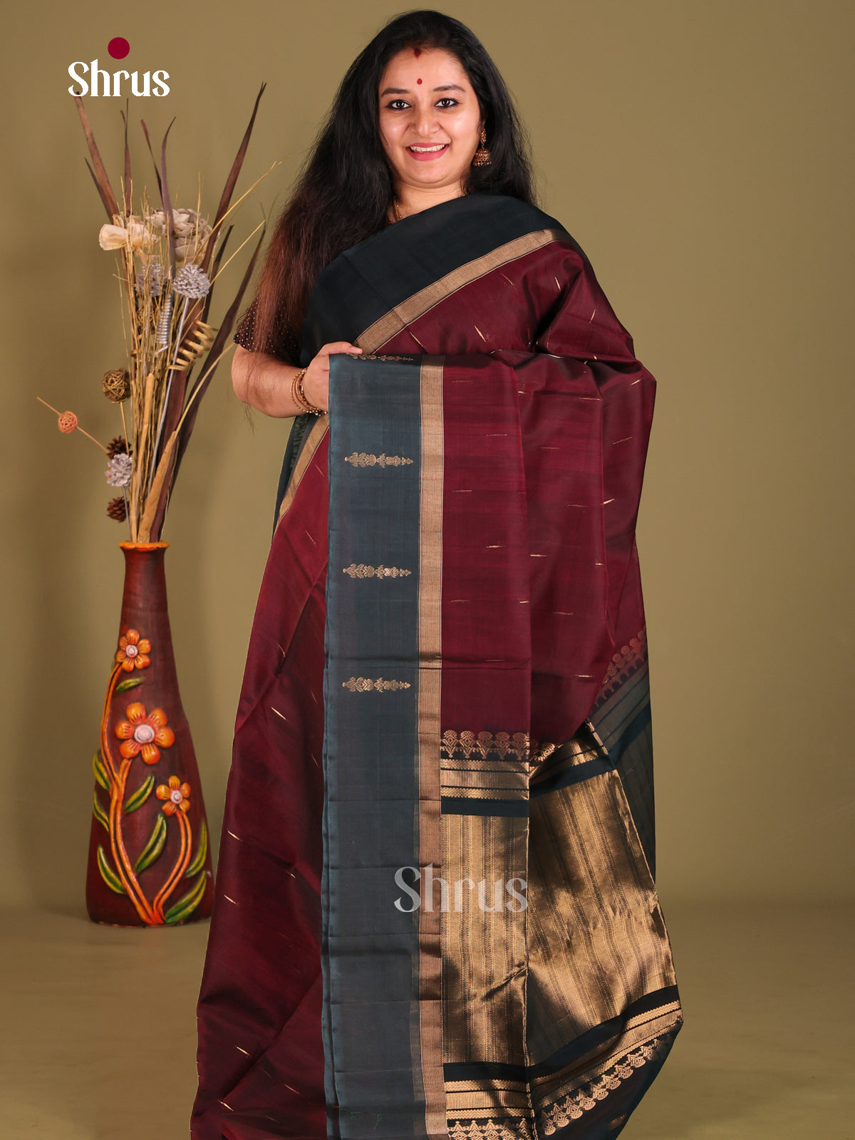 Classy Maroon Silk Cotton Saree with contrast zari brocade pallu