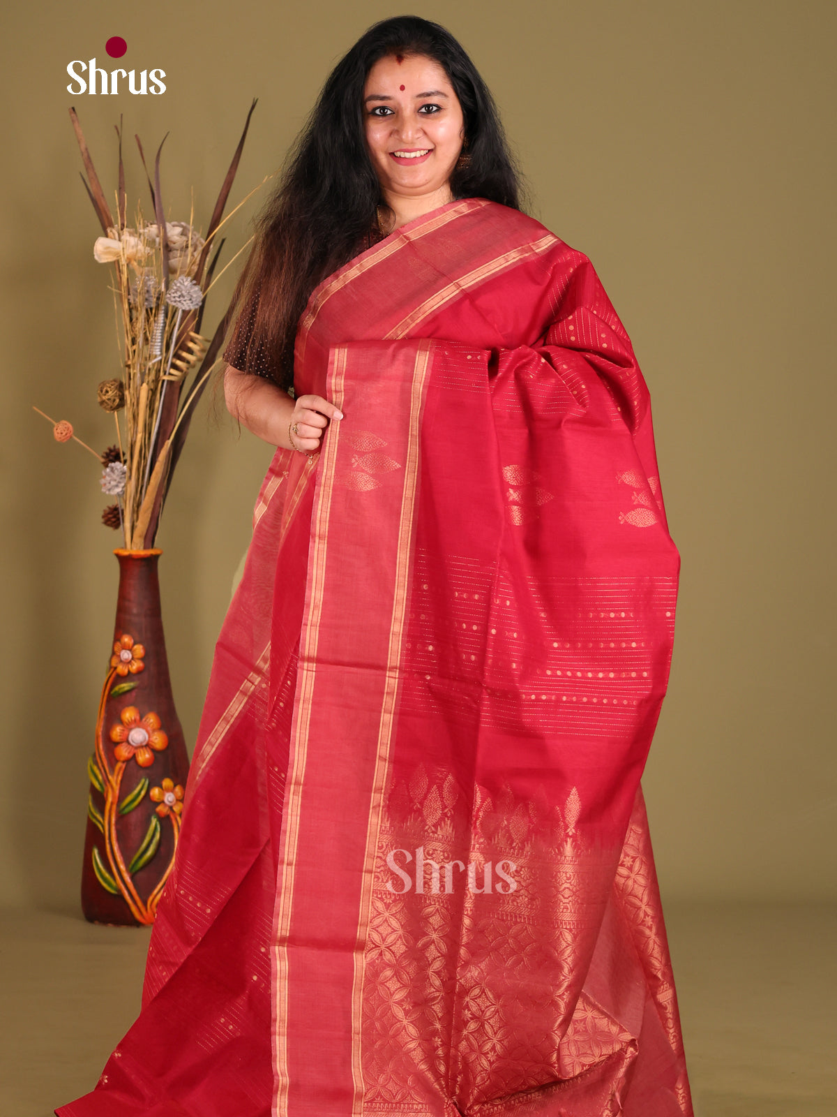 Red single tone Silk Cotton Saree with zari stripes, floral buttas - Shop on Shrus.com