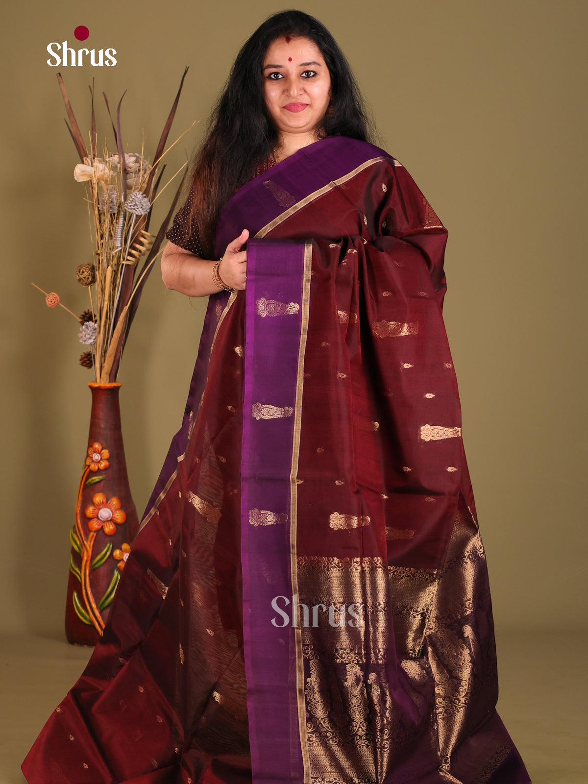 Maroon & Purple Silk Cotton Saree with gold zari paisley buttas - Shop on Shrus.com