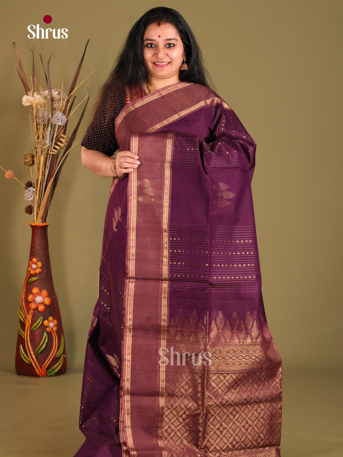 Violet & Brown Silk Cotton Saree with zari stripes , buttas - Shop on Shrus.com