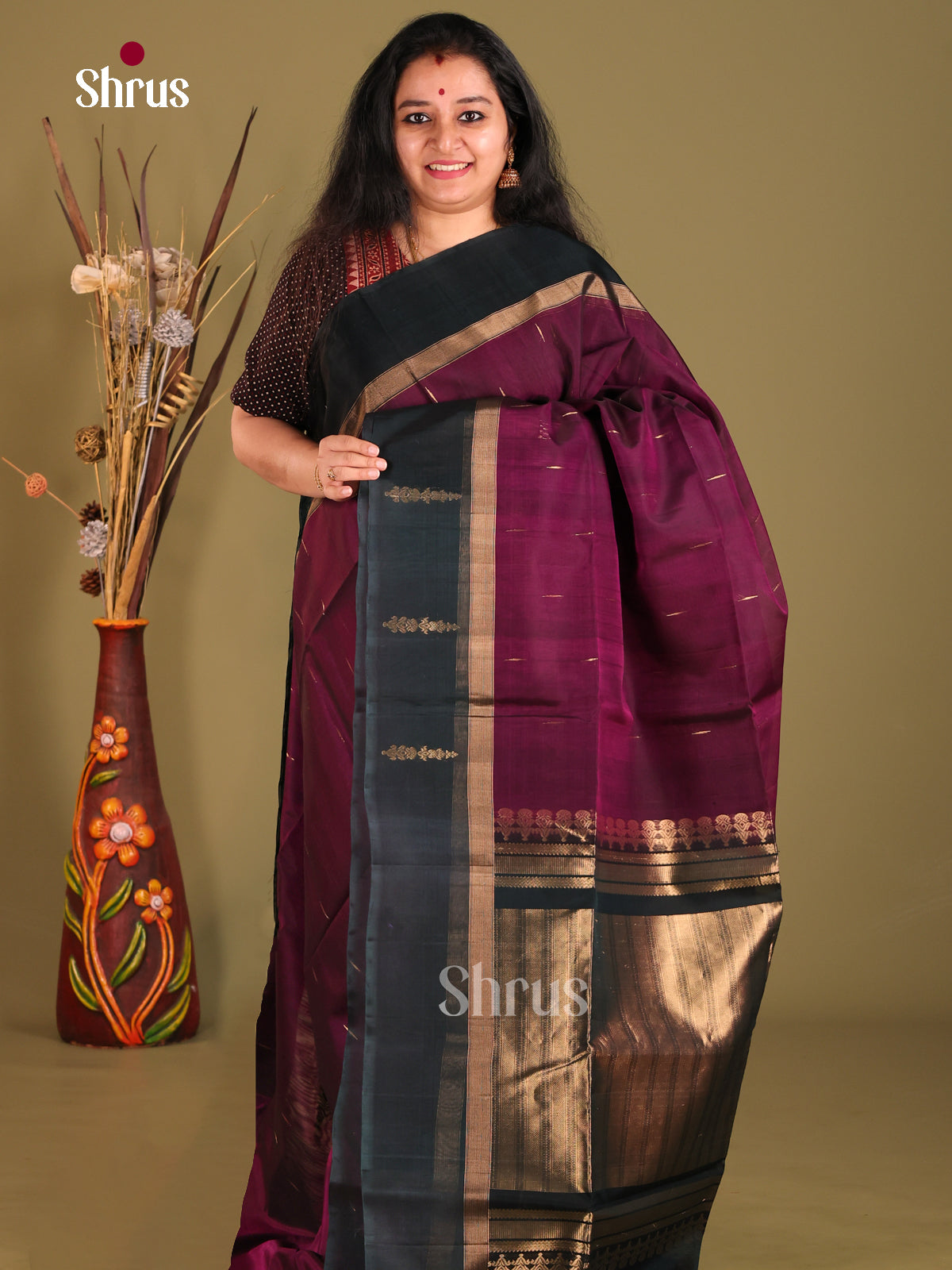 Wine & Green Silk Cotton Saree with contrast zari brocade pallu - Shop on Shrus.com
