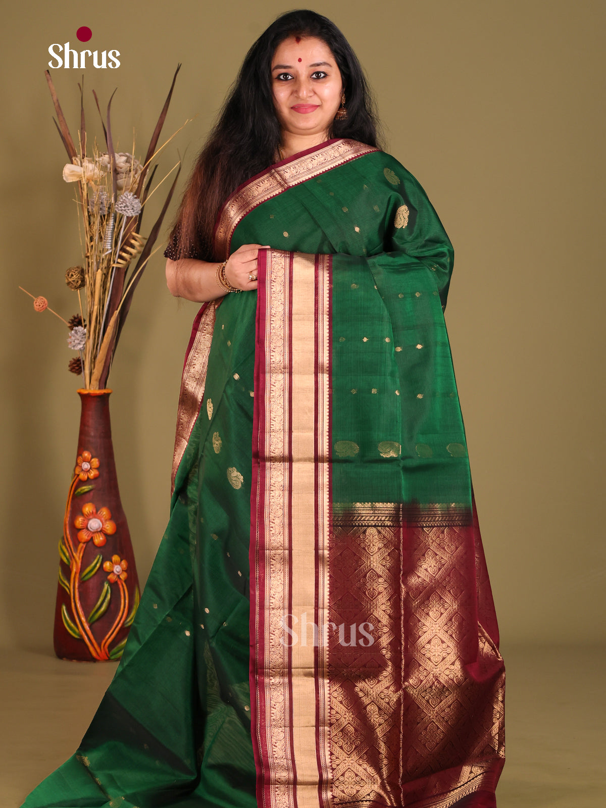 Green & Maroon Silk Cotton Saree with gold zari peacock buttas - Shop on Shrus.com
