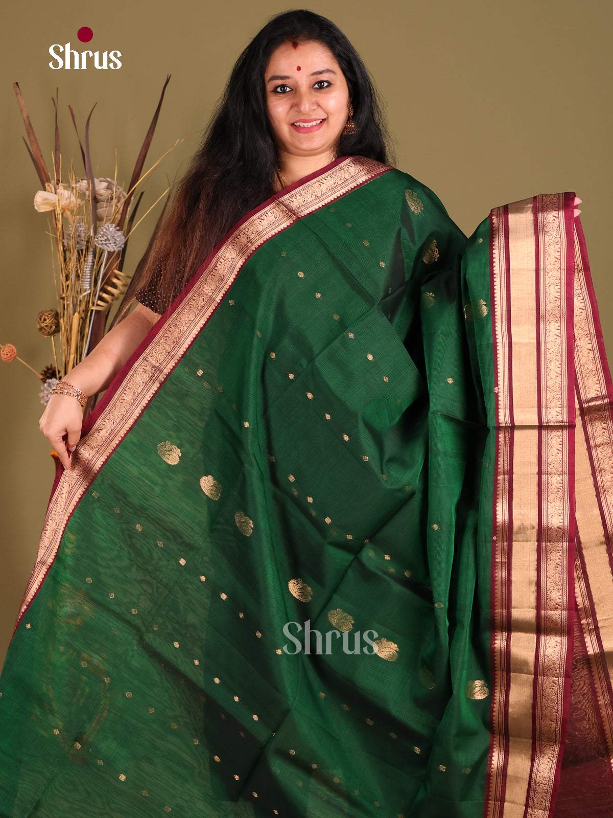 Green & Maroon Silk Cotton Saree with gold zari peacock buttas - Shop on Shrus.com