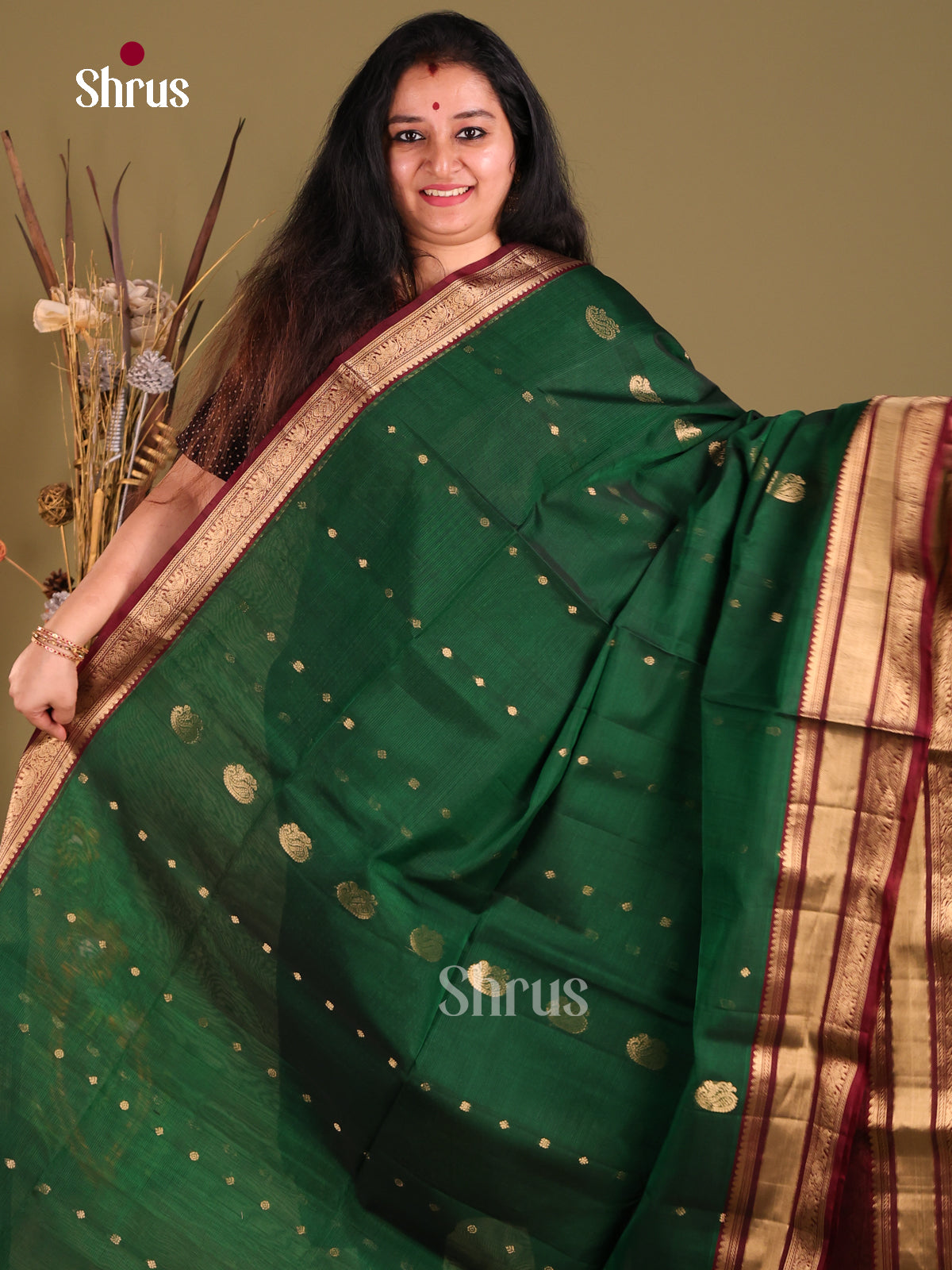 Green & Maroon Silk Cotton Saree gleams with gold zari peacock buttas - Shop on Shrus.com
