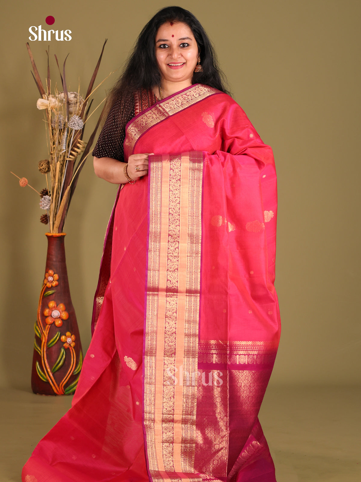 Pink & Maroon Silk Cotton Saree with rich contrast zari border - Shop on Shrus.com