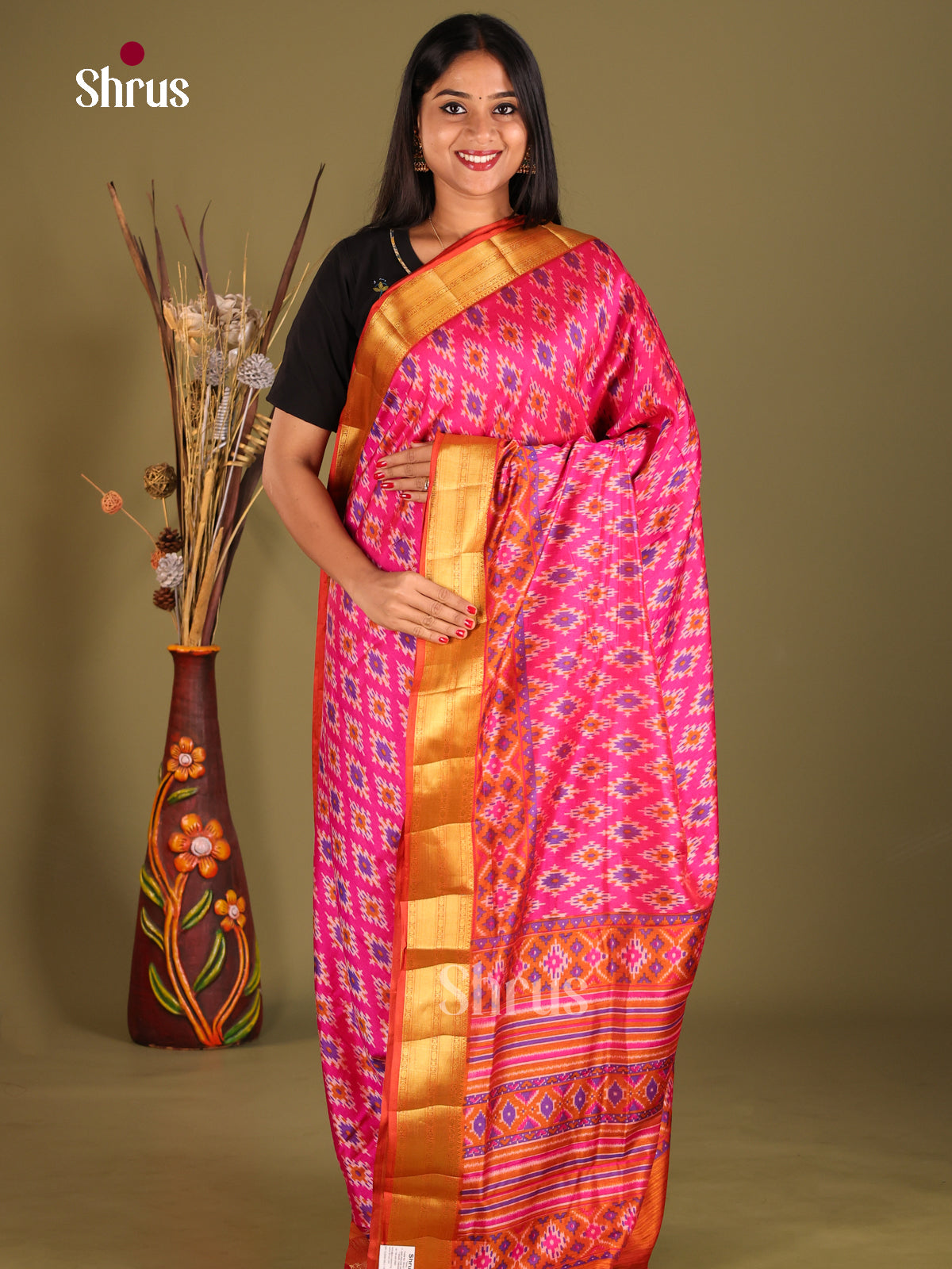 Pink & Orange - Semi Patola Saree - Shop on Shrus.com