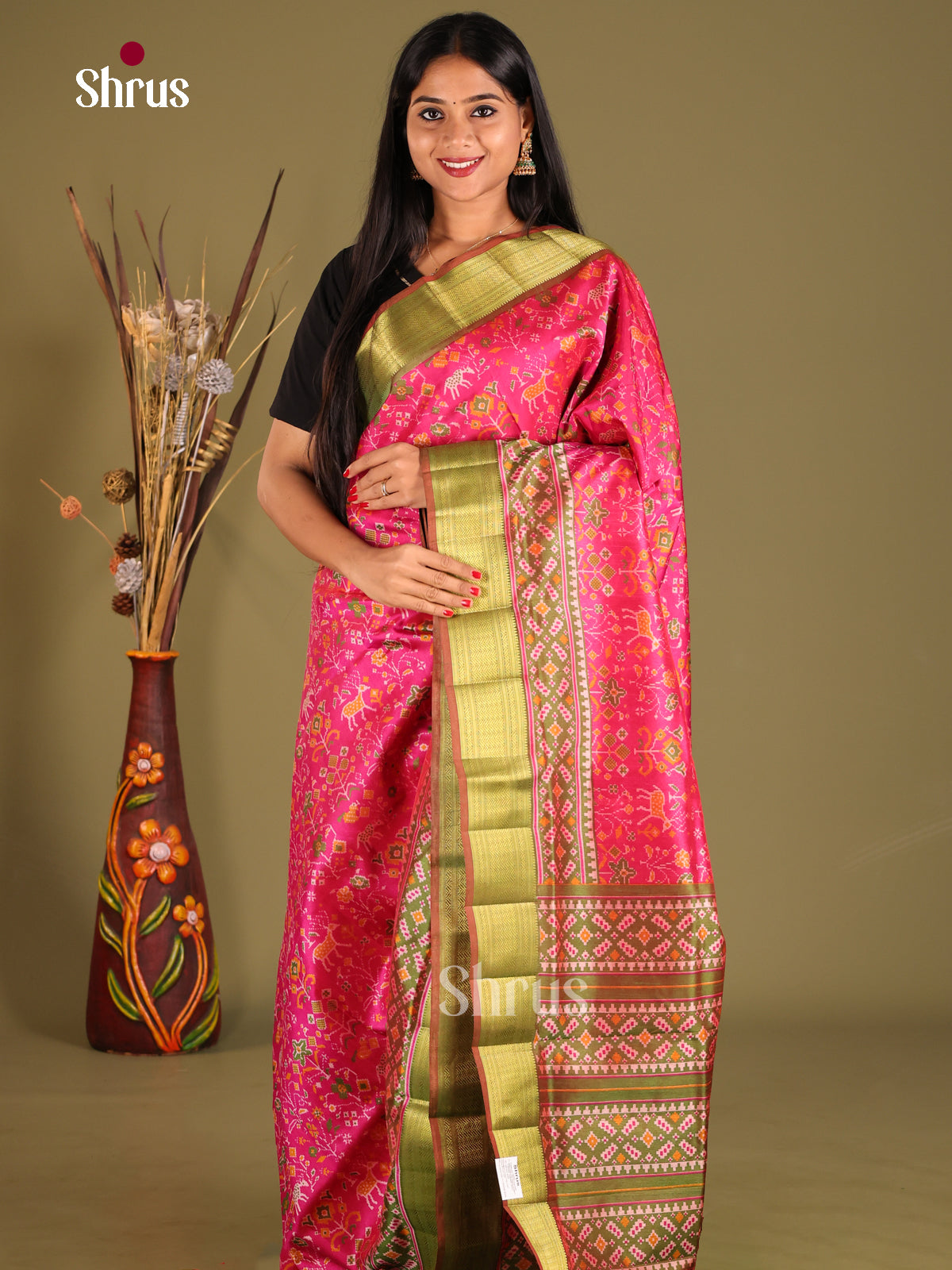 Pink & Green - Semi Patola Saree - Shop on Shrus.com