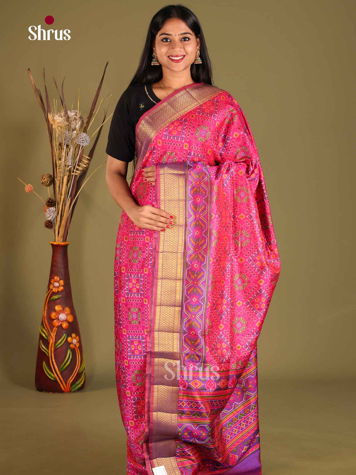 Pink & Purple- Semi Patola Saree - Shop on Shrus.com