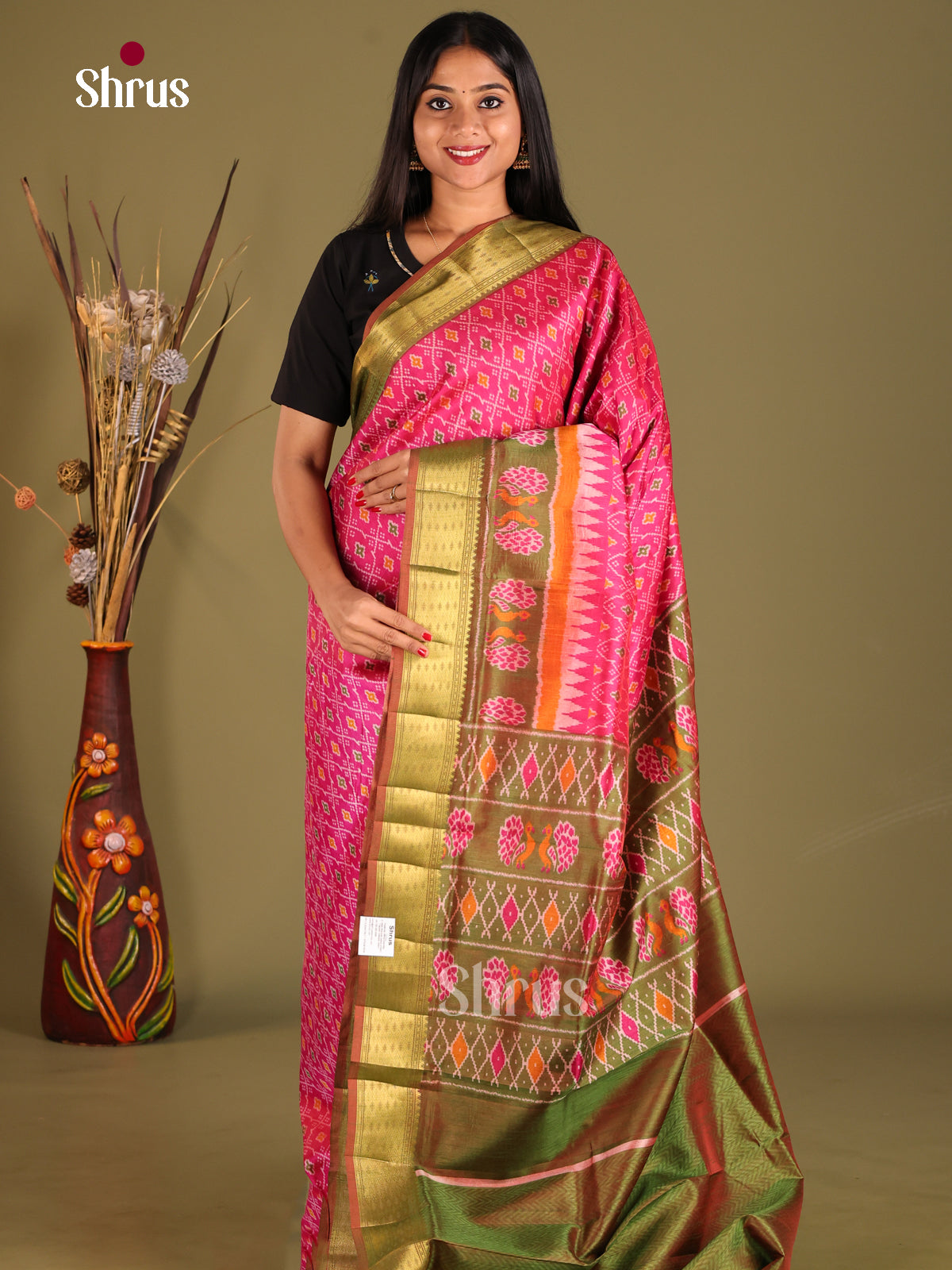 Pink & Green - Semi Patola Saree - Shop on Shrus.com