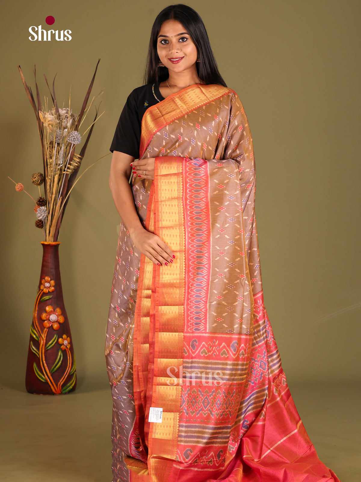 Brown & Orangish Pink - Semi Patola Saree