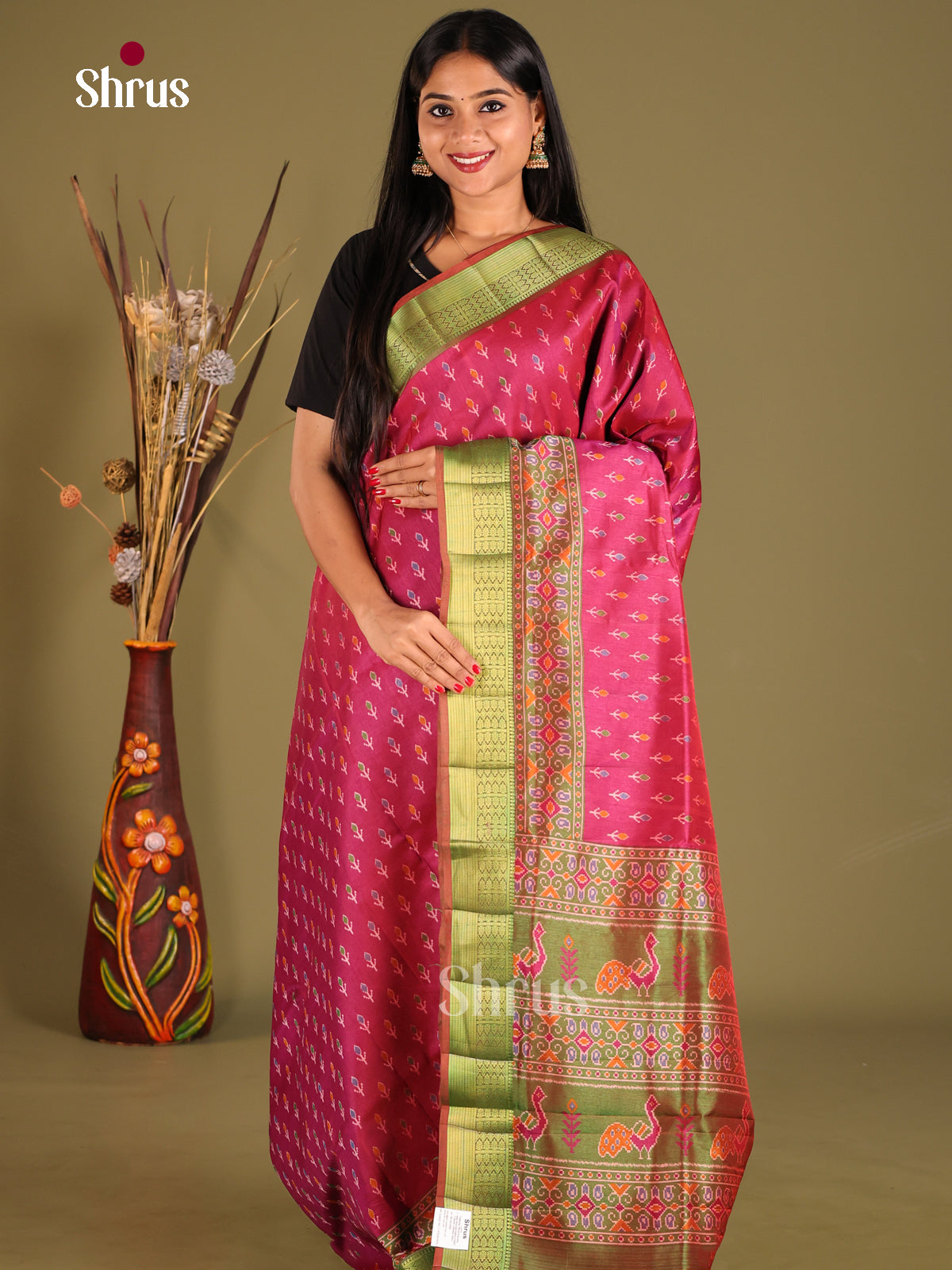 Maroon & Green - Semi Patola Saree - Shop on Shrus.com