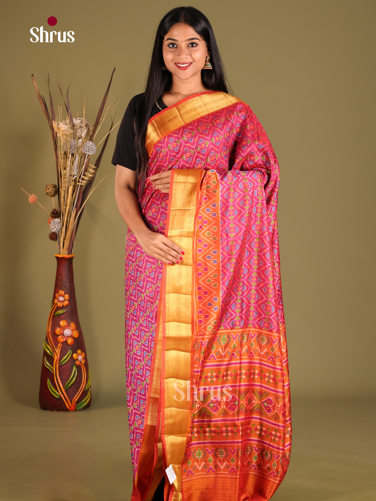 Pink & Orange - Semi Patola Saree - Shop on Shrus.com