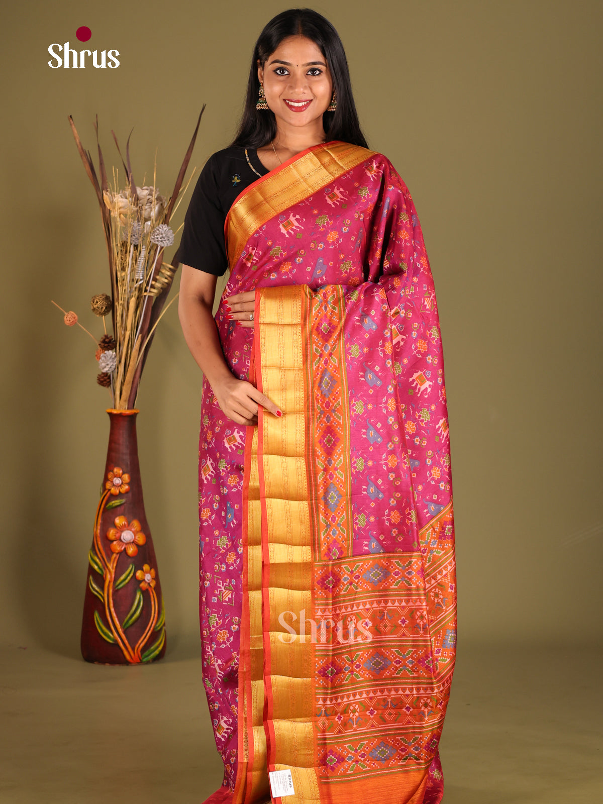 Pink & Orange - Semi Patola Saree - Shop on Shrus.com
