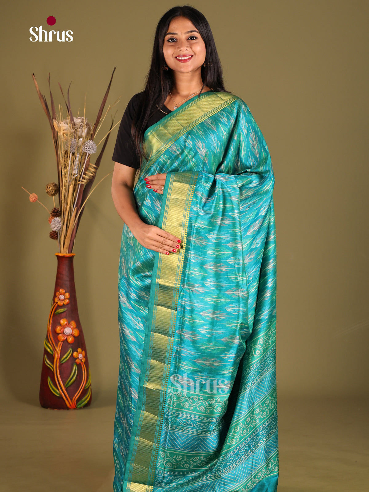 Teal - Semi Patola Saree - Shop on Shrus.com