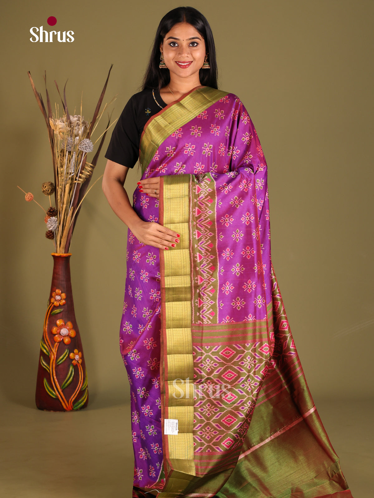 Purple & Green- Semi Patola Saree - Shop on Shrus.com