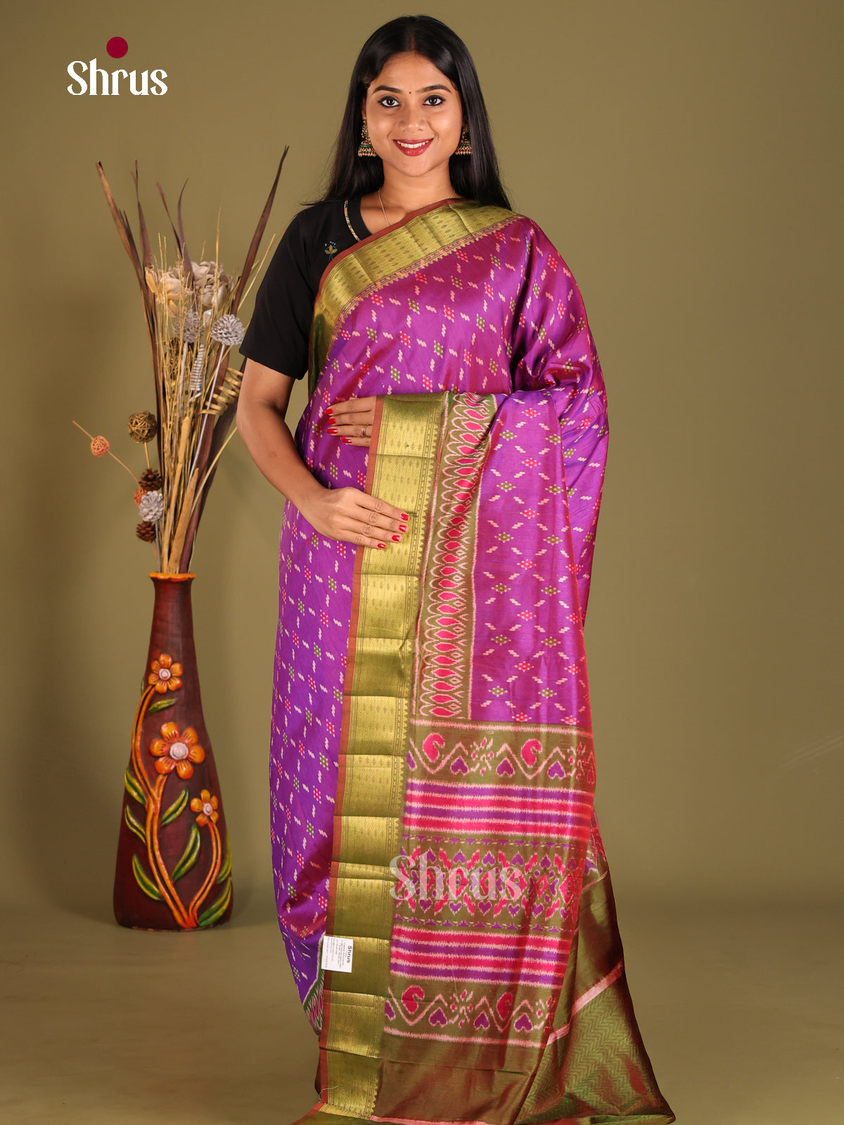 Purple & Green - Semi Patola Saree - Shop on Shrus.com