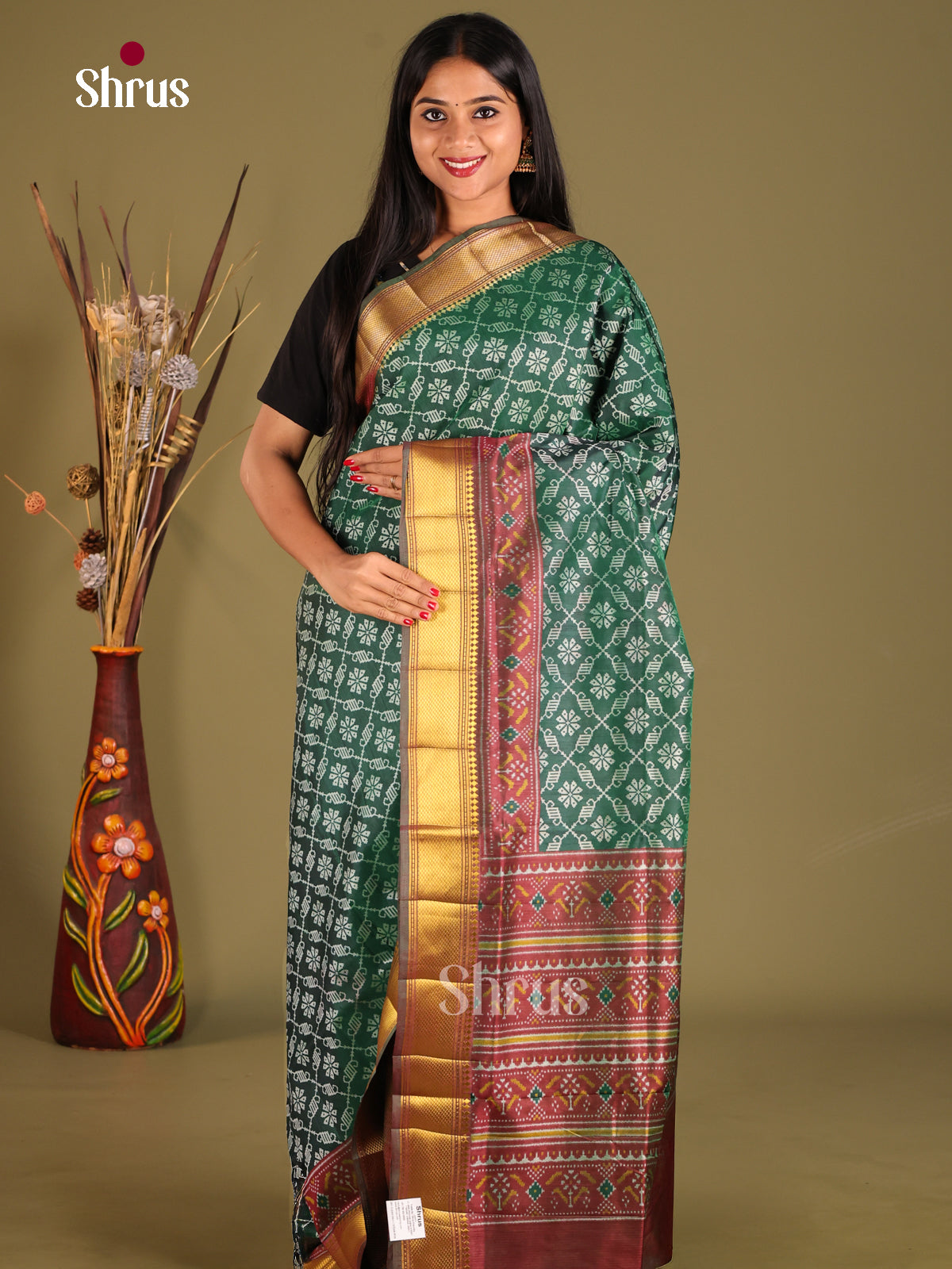 Green & Brown - Semi Patola Saree - Shop on Shrus.com