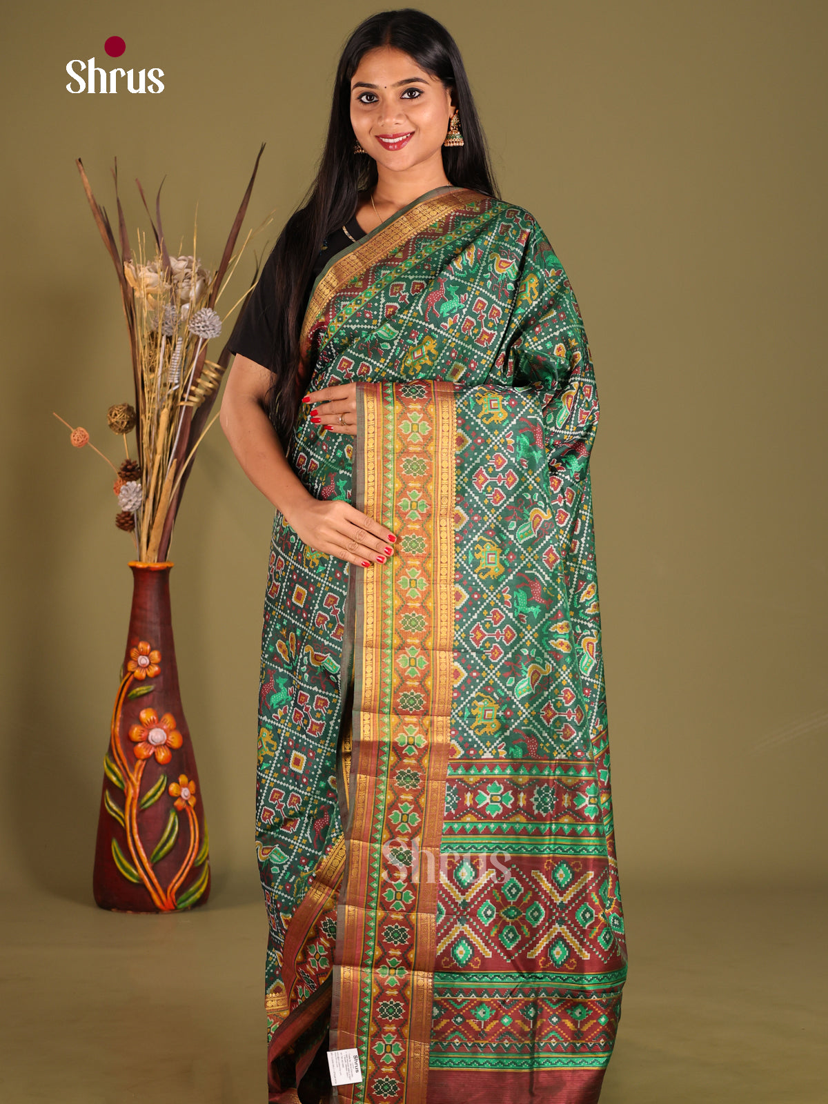 Green & Brown - Semi Patola Saree - Shop on Shrus.com