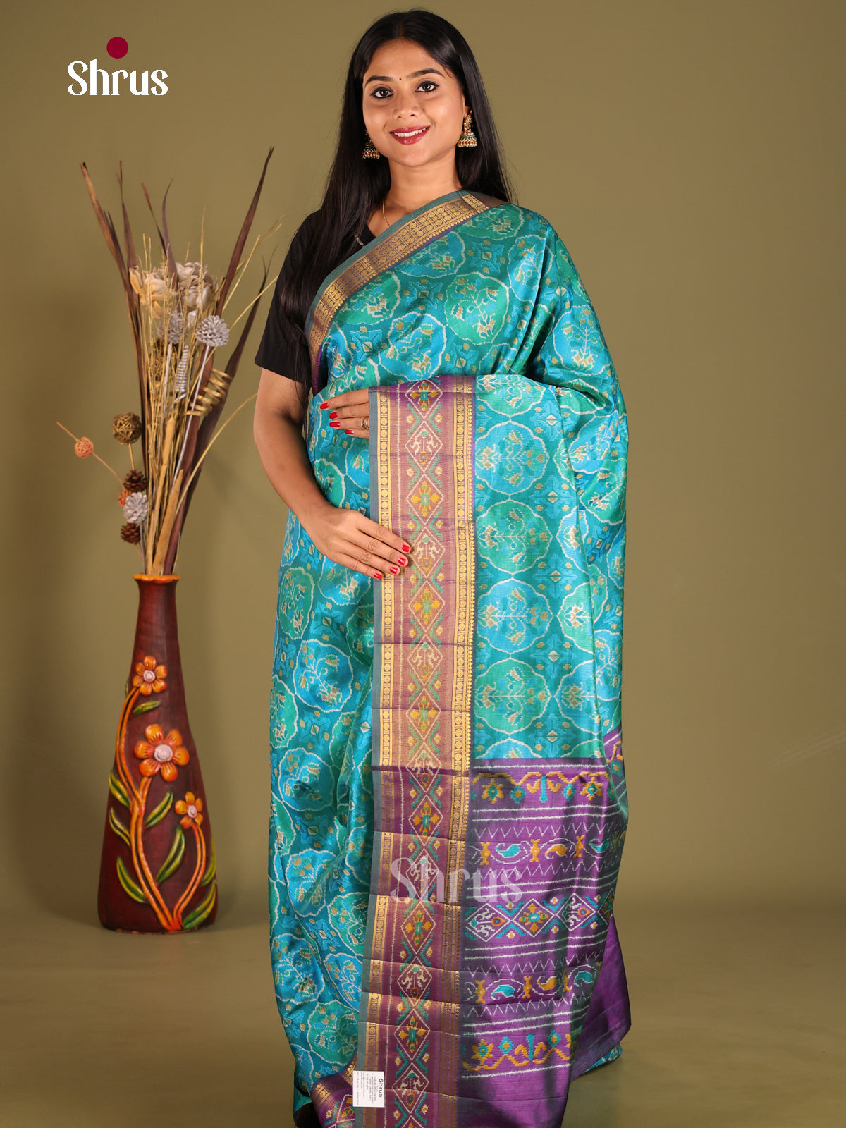 Teal & Purple - Semi Patola Saree - Shop on Shrus.com