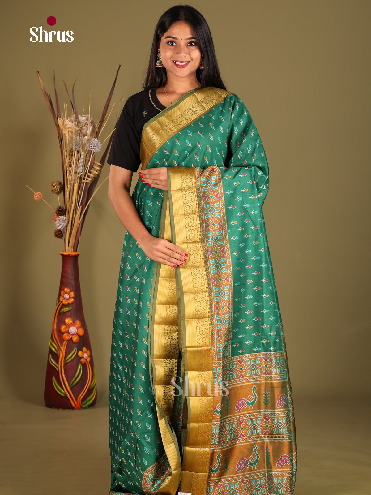 Green & Mustard - Semi Patola Saree - Shop on Shrus.com