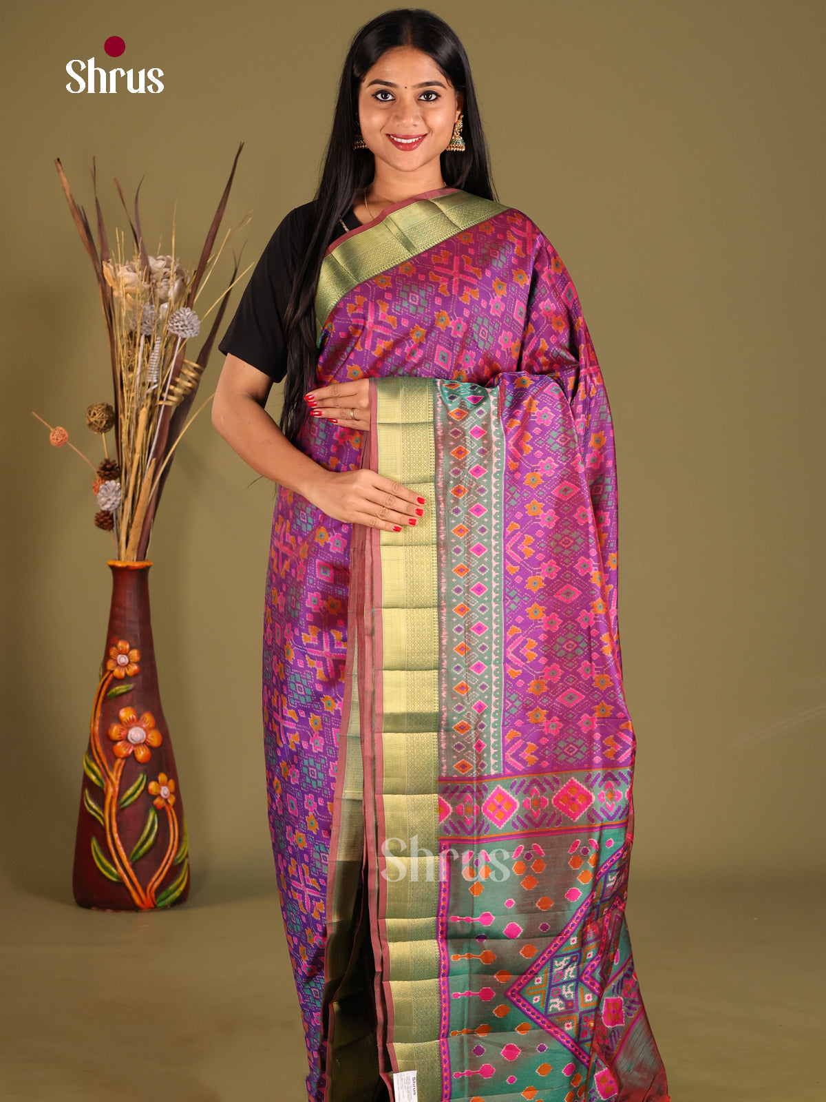 Purple & Green- Semi Patola Saree - Shop on Shrus.com