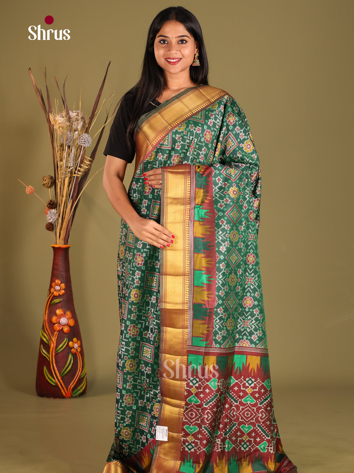Green & brown - Semi Patola Saree - Shop on Shrus.com