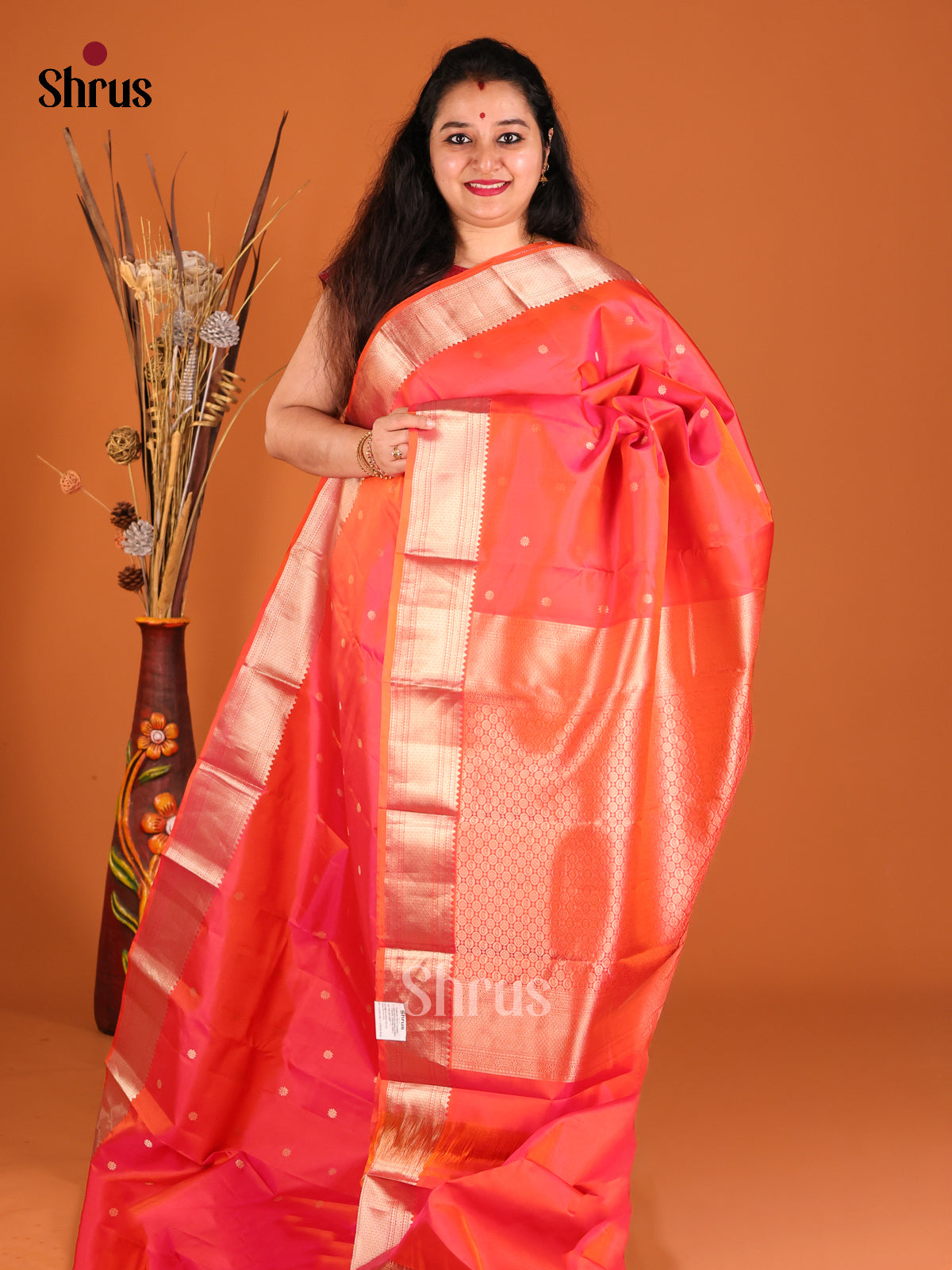 Orange Single tone Kanchipuram silk Saree with rich traditional border-1