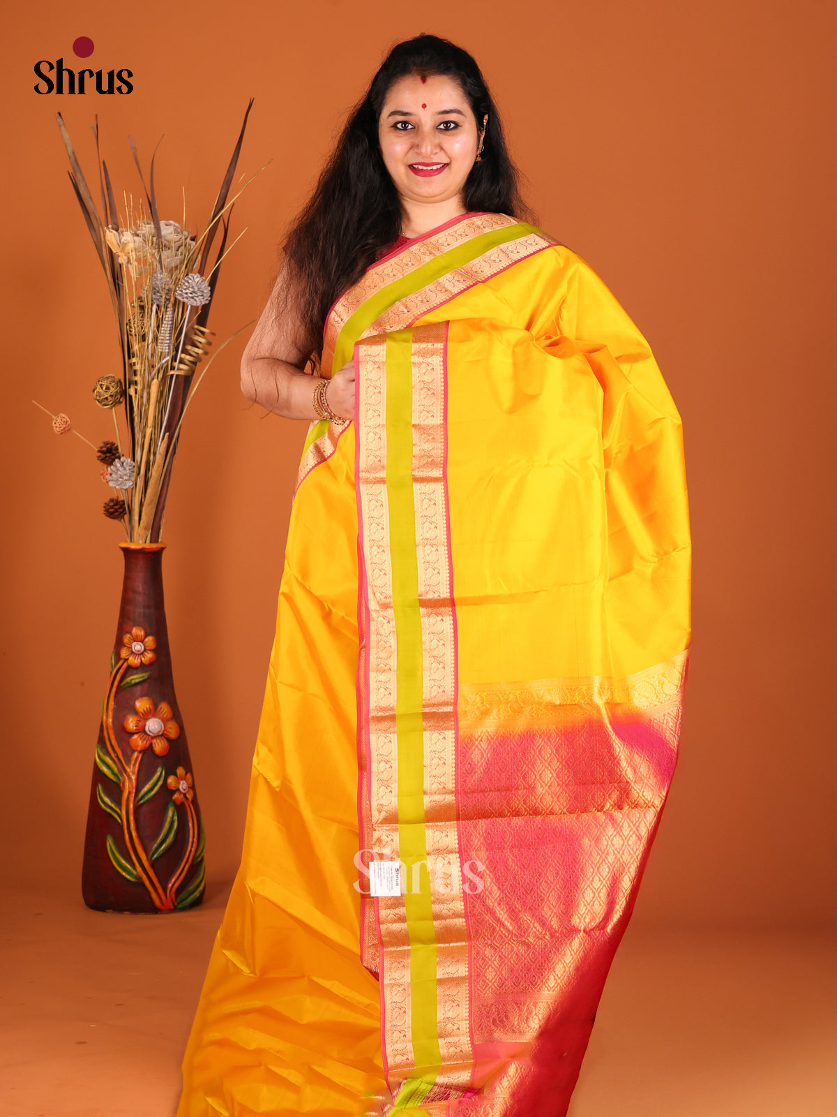 Yellow & Red Kanchipuram silk Saree with contrast Rettaipet zari border-1
