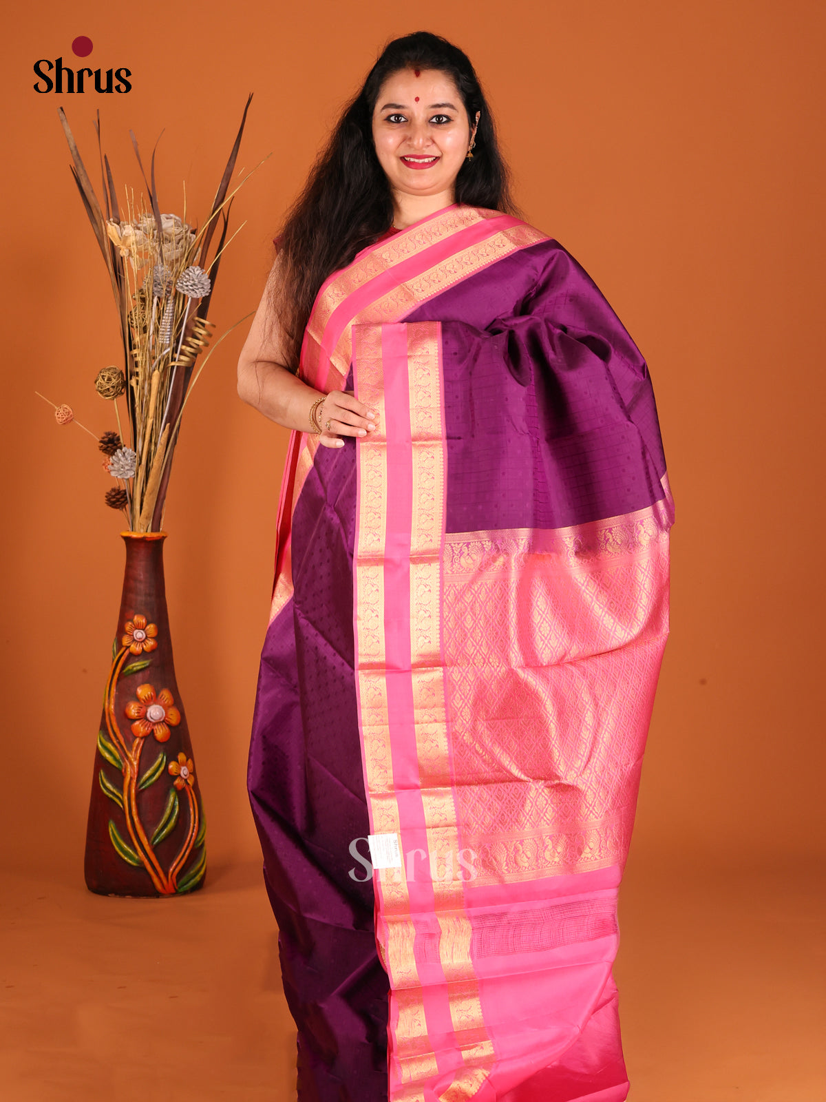 Purple & Pink Kanchipuram silk Saree with self jacquard & Rettaipet zari border-1