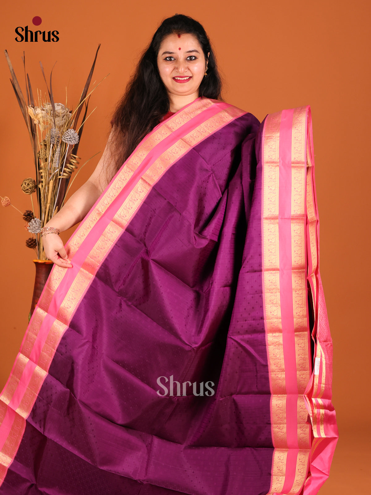 Purple & Pink Kanchipuram silk Saree with self jacquard & Rettaipet zari border-2