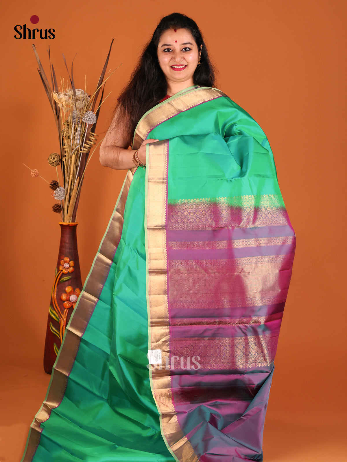 Green & Purple Kanchipuram silk Saree with contrast brocade pallu-1