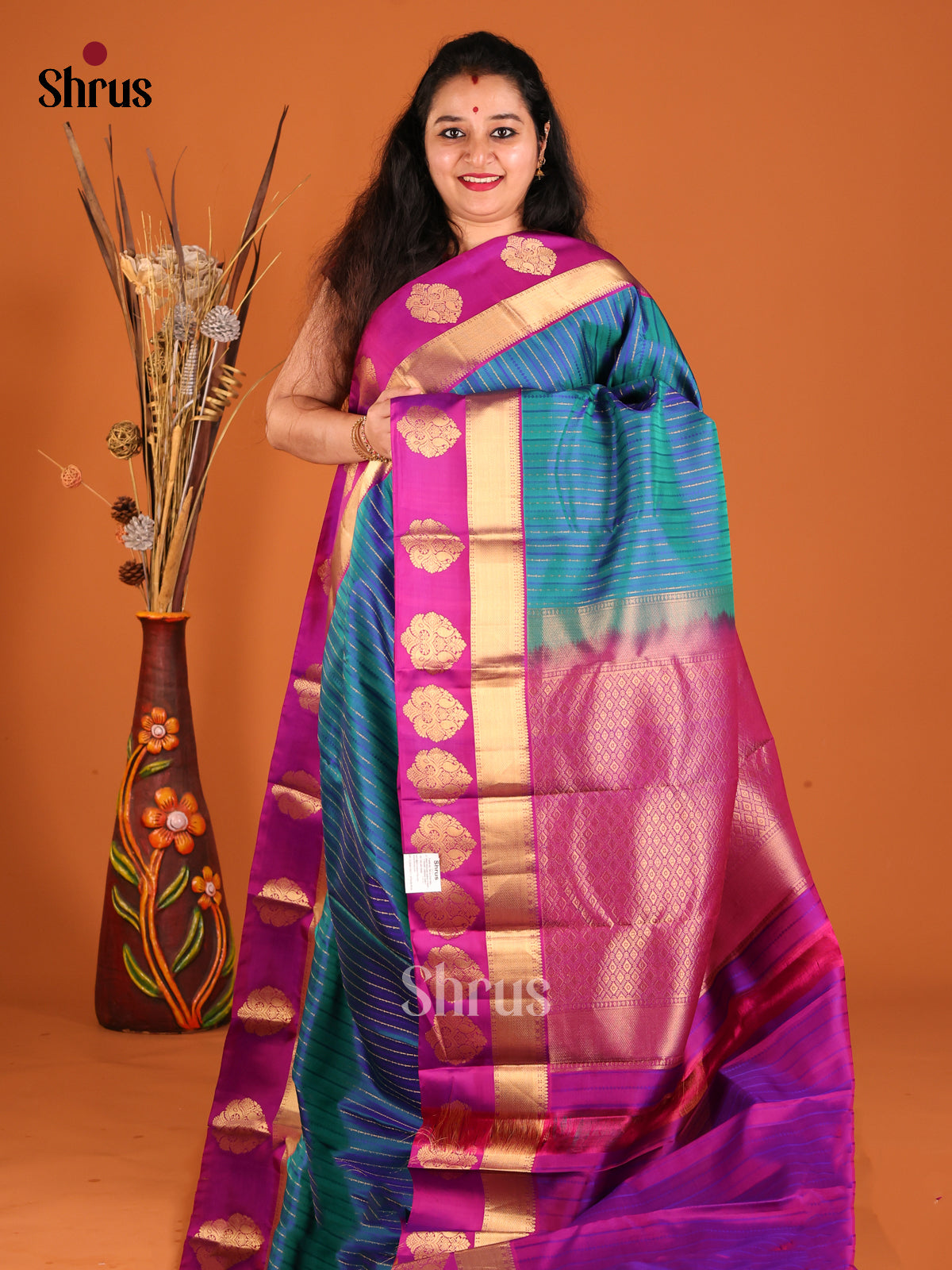 Blue & Purple Kanchipuram silk Saree with rich zari brocade pallu-1