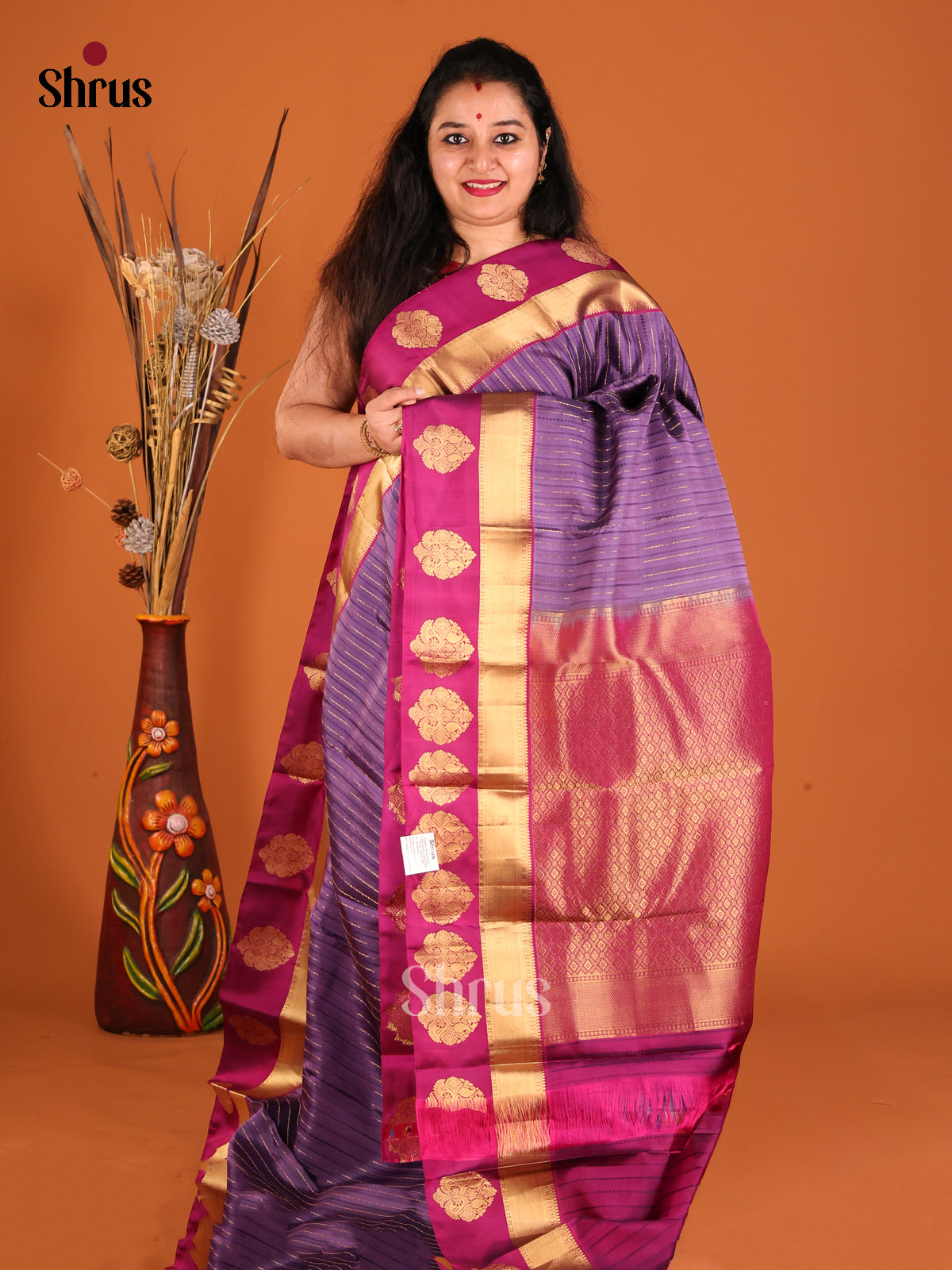 Lavender and purple Kanchipuram silk Saree with zari stripes, contrast border-1