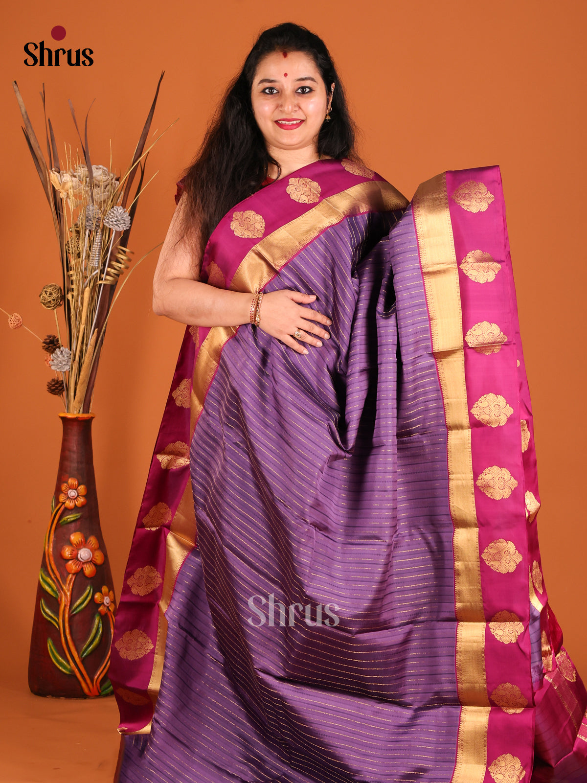 Lavender and purple Kanchipuram silk Saree with zari stripes, contrast border-2