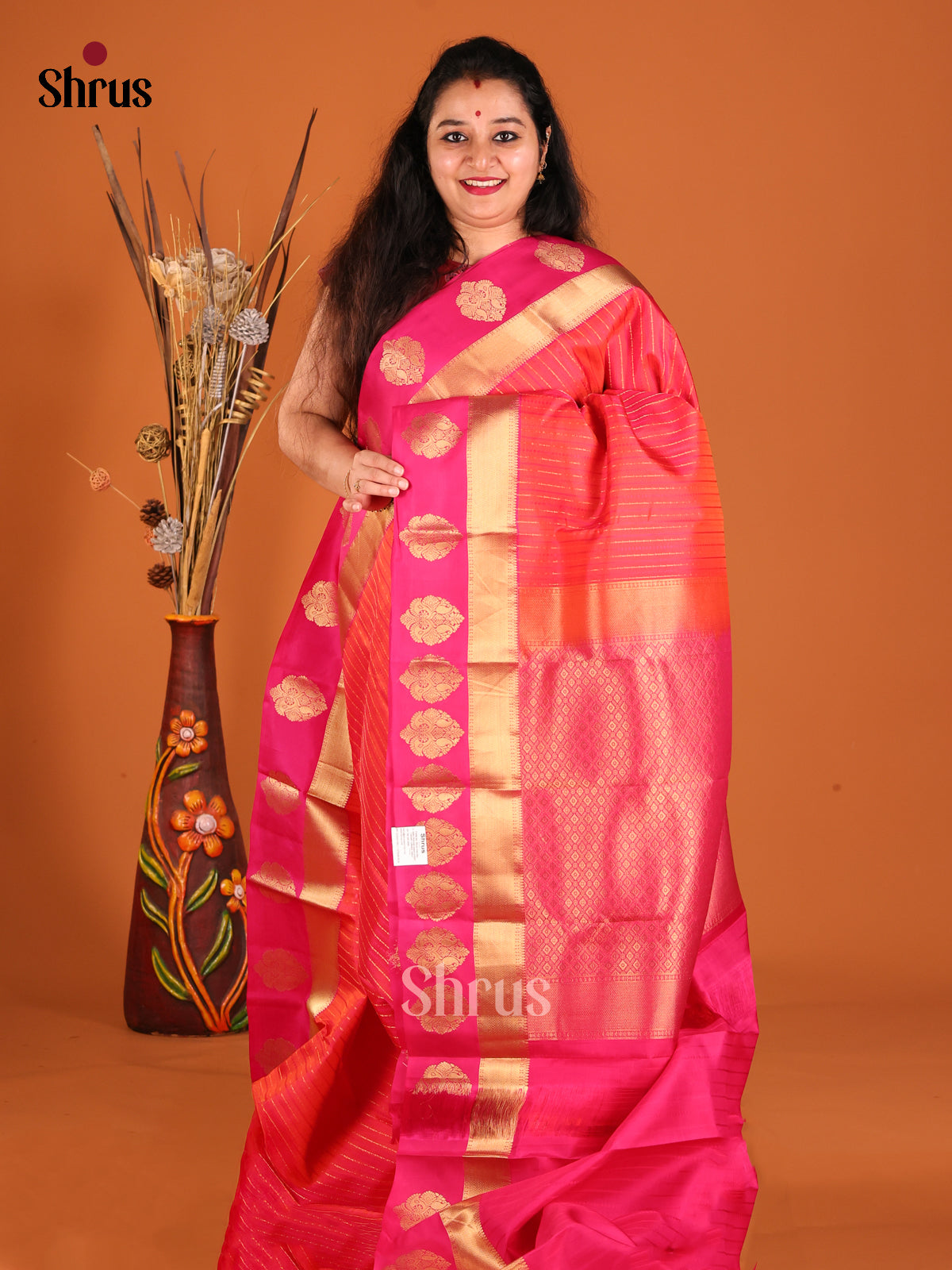 Orangish Pink & Pink Kanchipuram silk Saree with zari stripes , brocade pallu-1