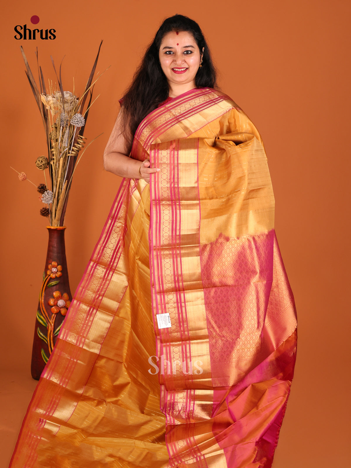 Mustard & Purple Kanchipuram silk Saree with contrast splendid zari border-1