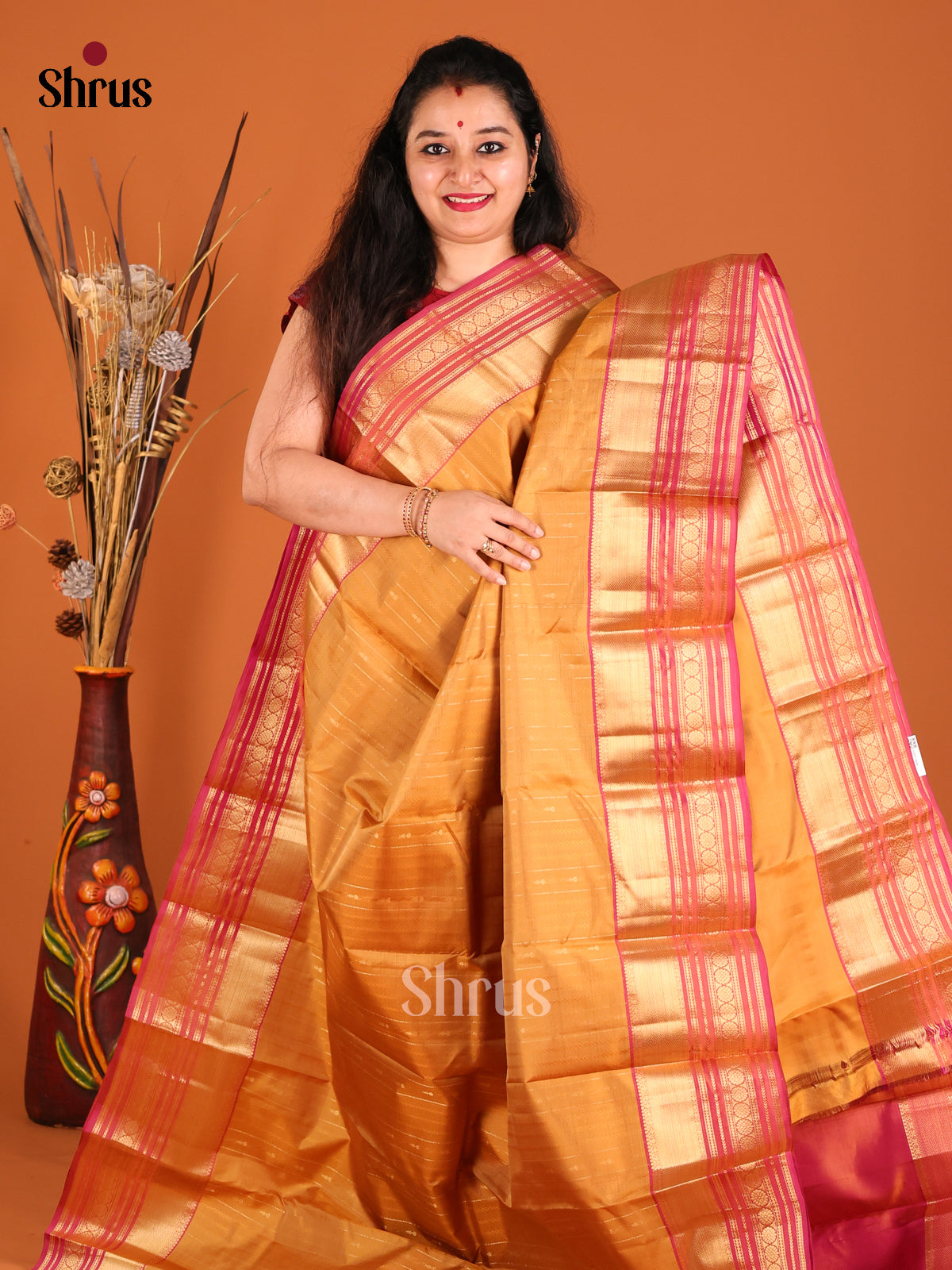 Mustard & Purple Kanchipuram silk Saree with contrast splendid zari border-2