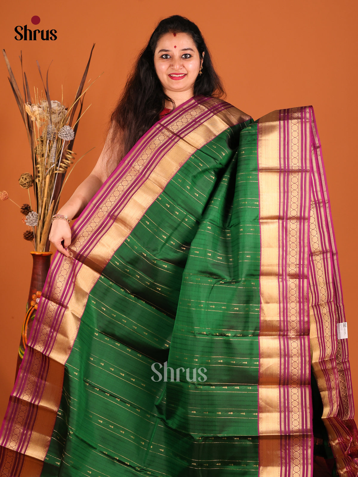 Green & Purple Kanchipuram silk Saree with zari stripes, buttas - Shop on Shrus.com