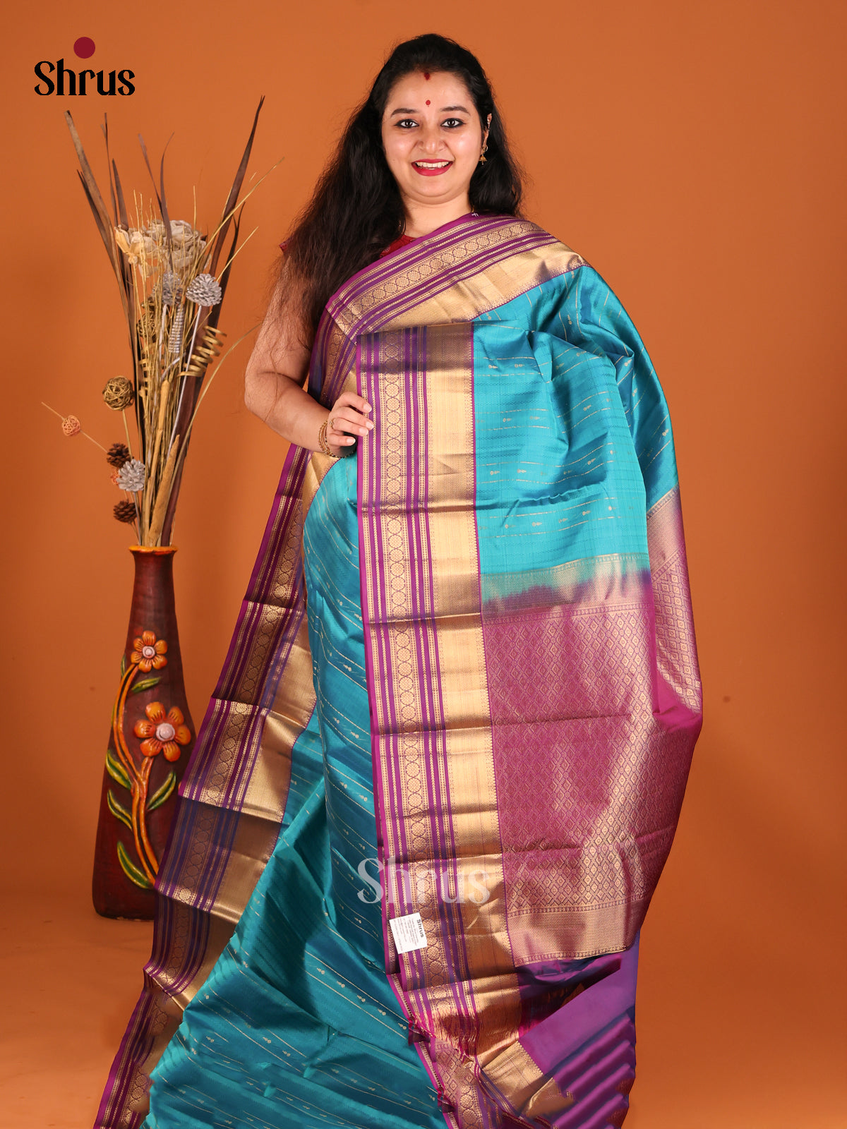 Blue & Purple Kanchipuram silk Saree with zari stripes, buttas-1