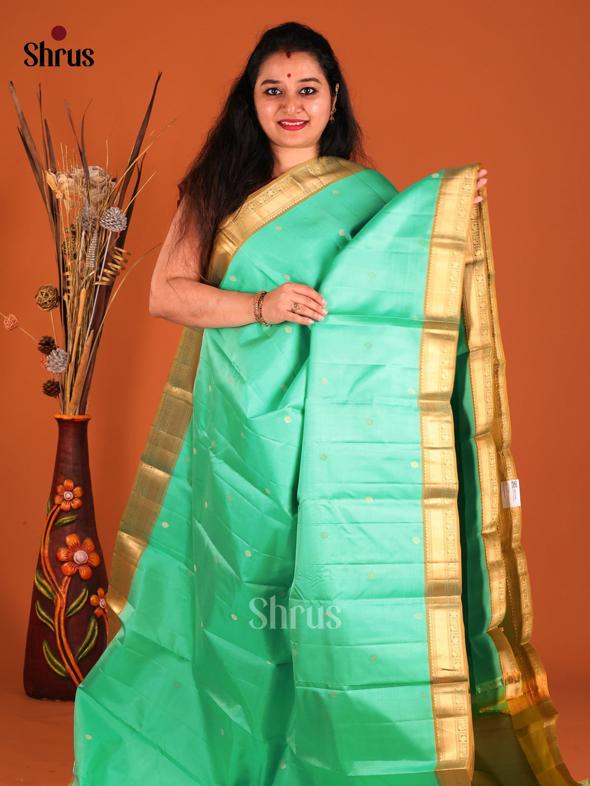 Teal & Mustardy Green Kanchipuram silk Saree with zari buttas-2